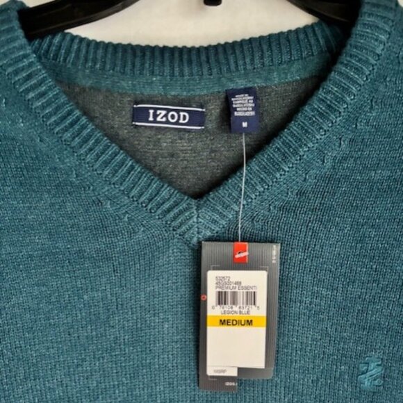 Izod Sweater Mens M Green Blue V-Neck Knit Long Sleeve Pullover Preppy Office - Picture 1 of 6